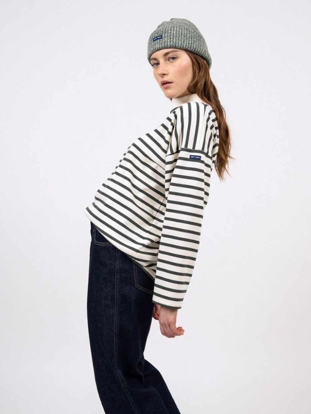 Saint James L'Atelier Breton Striped Drawstring Mock Neck Knit Pullover Size L